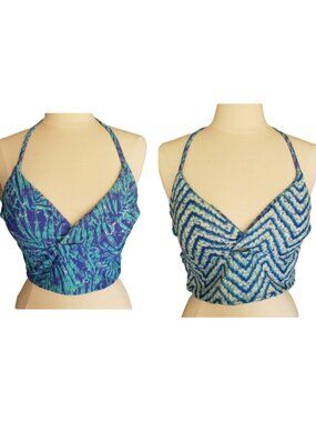 Womens Reversible Bikini Top XL Blue Halter T-Back Tropical Beach Swimwear